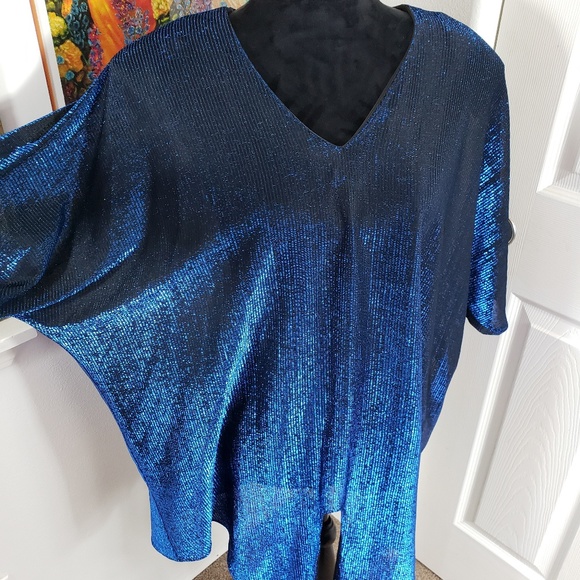 Vintage Black Blue Sparkle Tie Front Blouse sz L - Picture 6 of 8